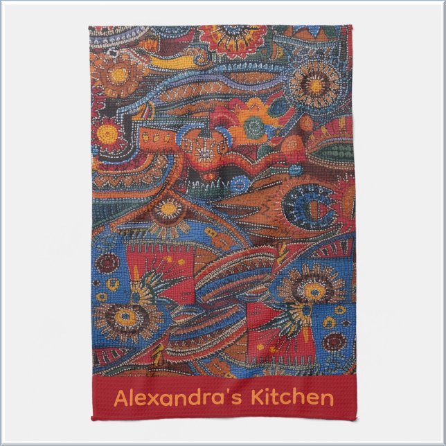Ethnic Boho Colorful Pattern Red Blue & Gold Tea Towel (Creator Uploaded)