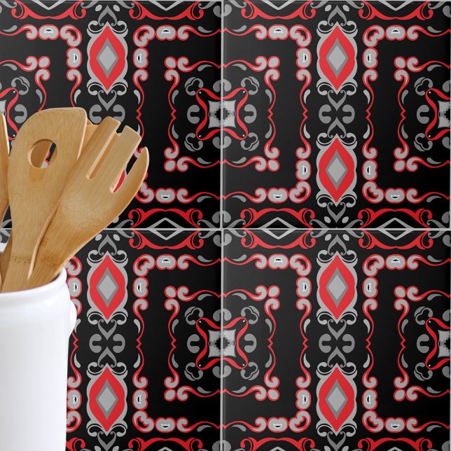 Ethnic Boho Folk Art Mosaic Black Red Grey Pattern Tile (Creator Uploaded)