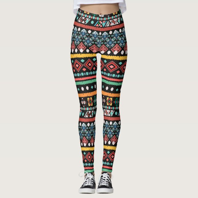 Ethnic Boho: Geometric Pixel Print Leggings (Front)