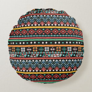 Ethnic Boho: Geometric Pixel Print Round Cushion