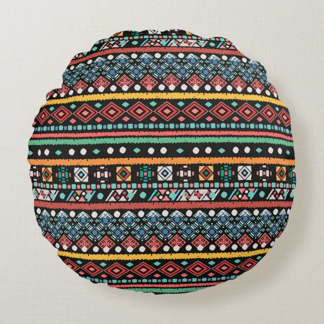 Ethnic Boho: Geometric Pixel Print Round Cushion (Front)