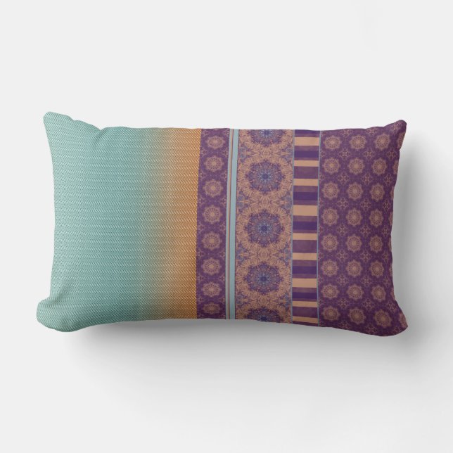 Ethnic Boho Pattern Mix Ombre Purple Teal Lumbar Cushion (Front)