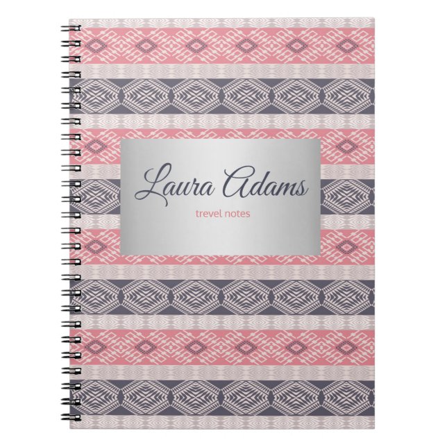 Ethnic boho style geometric  pattern Silver  frame Spiral Notebook (Front)
