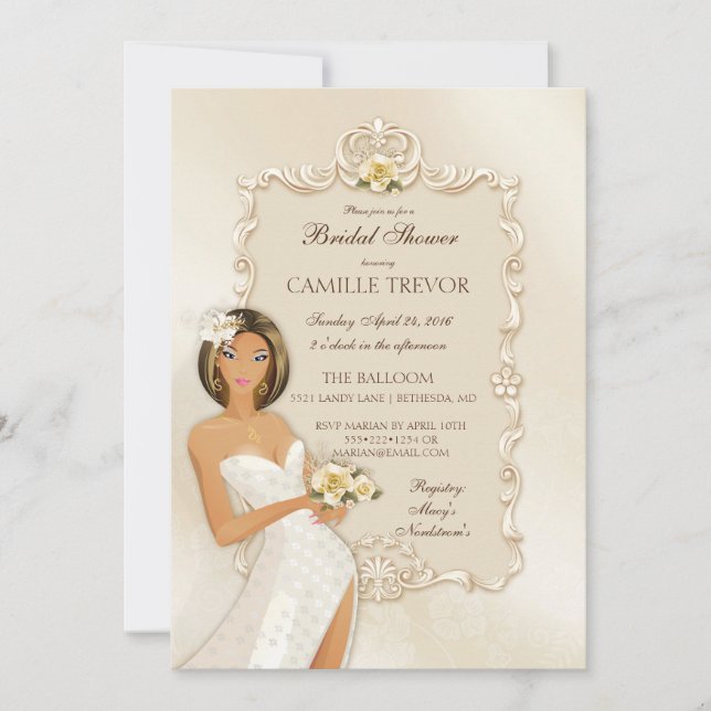 Ethnic Bride Ivory Satin Wedding Rose Invitation (Front)