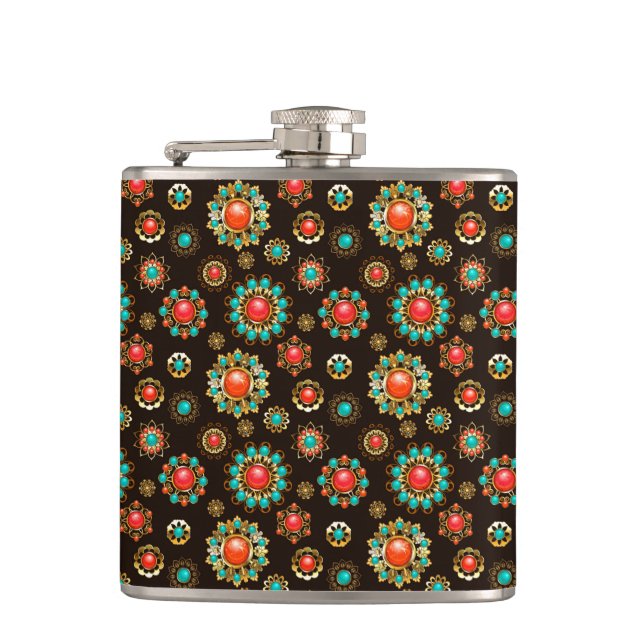 Ethnic Brooches Seamless Pattern Hip Flask (Front)