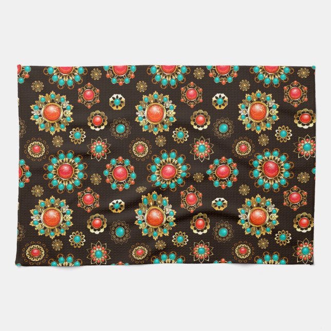 Ethnic Brooches Seamless Pattern Tea Towel (Horizontal)