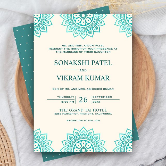 Ethnic Cream and Teal Mandala Indian Wedding Invitation (Creator Uploaded)