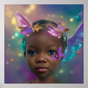 Ethnic cute little girl butterfly purple teal poster