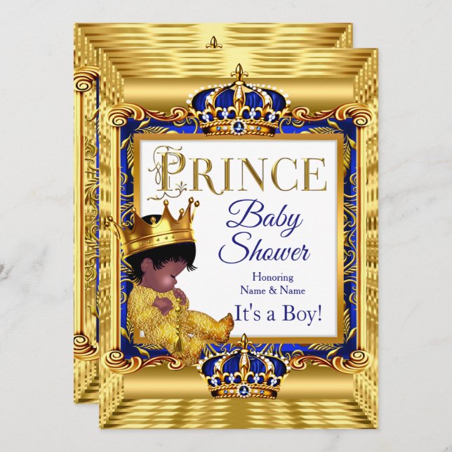 Ethnic Dark Golden Prince Baby Shower Blue Gold Invitation (Front/Back)