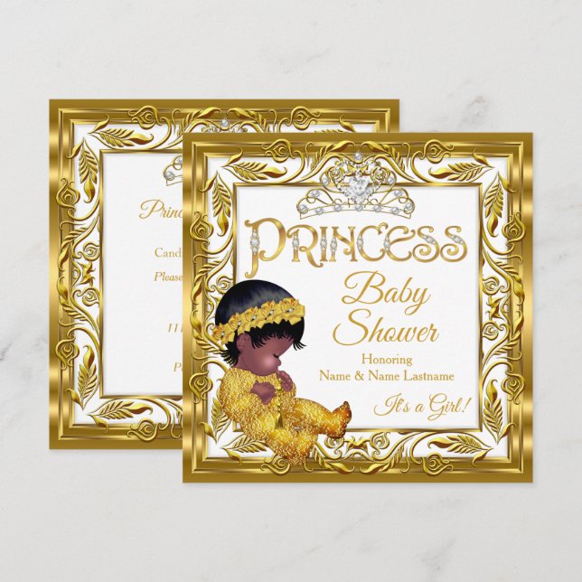 Ethnic Dark Golden Princess Baby Shower Gold White Invitation (Front/Back)