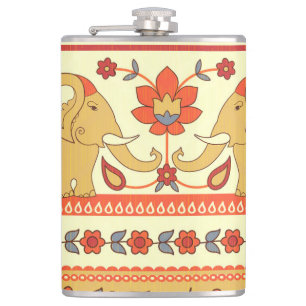 Ethnic elephants, flowers, seamless pattern. hip flask