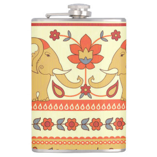 Ethnic elephants, flowers, seamless pattern. hip flask