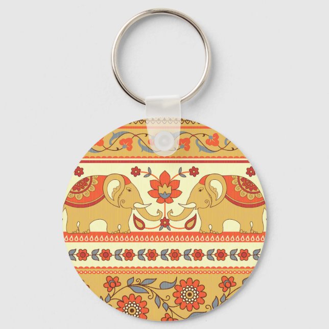Ethnic elephants, flowers, seamless pattern. key ring (Front)