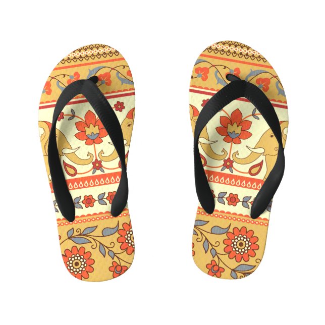 Ethnic elephants, flowers, seamless pattern. kid's jandals (Footbed)
