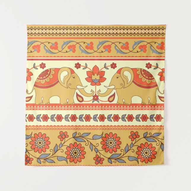 Ethnic elephants, flowers, seamless pattern. tapestry (Front)