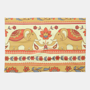 Ethnic elephants, flowers, seamless pattern. tea towel