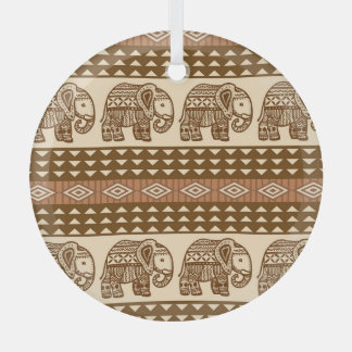 Ethnic Elephants Geometric Vintage Pattern Glass Tree Decoration