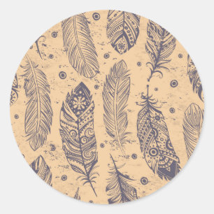Ethnic Feather Outline Pattern Classic Round Sticker
