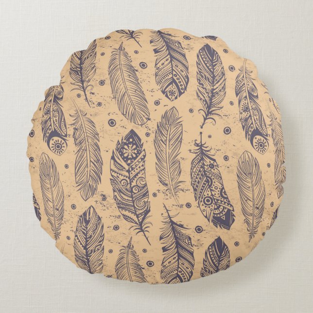 Ethnic Feather Outline Pattern Round Cushion (Front)