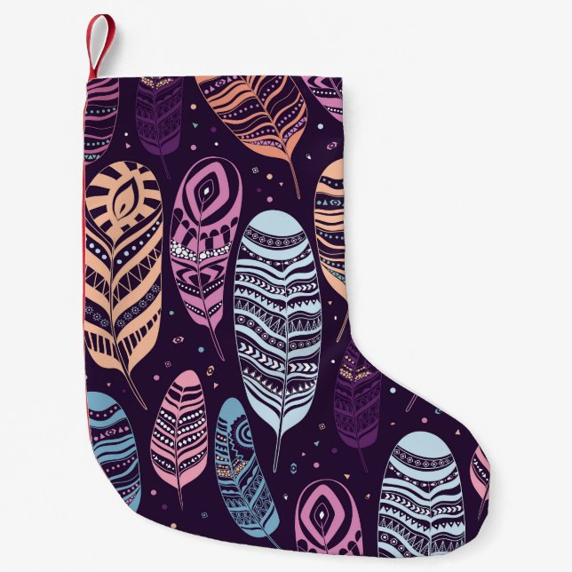 Ethnic feathers: black and white pattern small christmas stocking (Front)