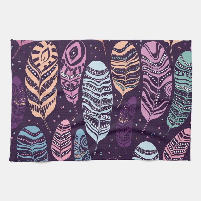 Ethnic feathers: black and white pattern tea towel (Horizontal)