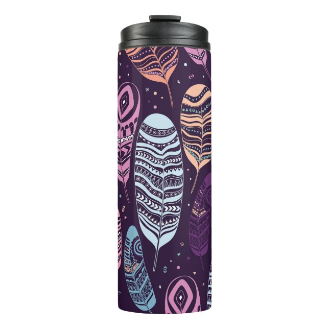 Ethnic feathers: black and white pattern thermal tumbler (Front)