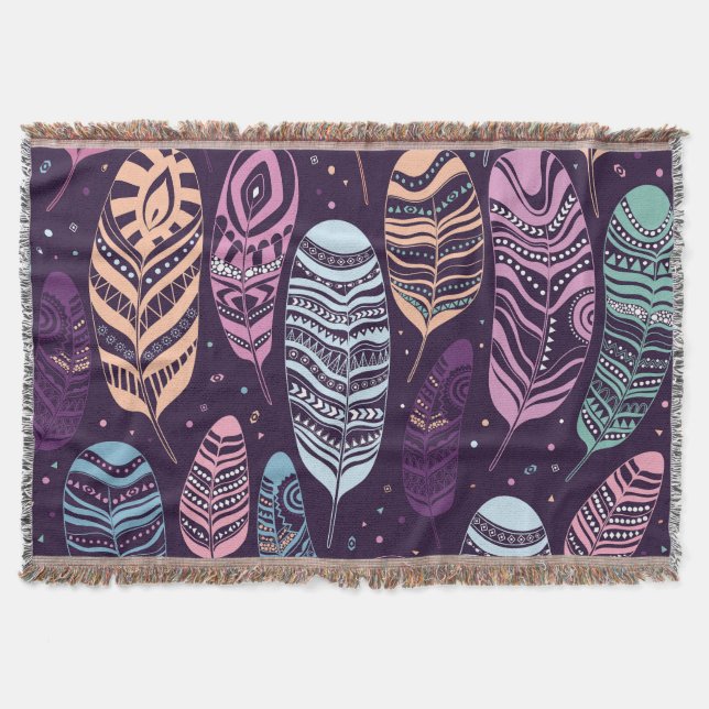Ethnic feathers: black and white pattern throw blanket (Front)