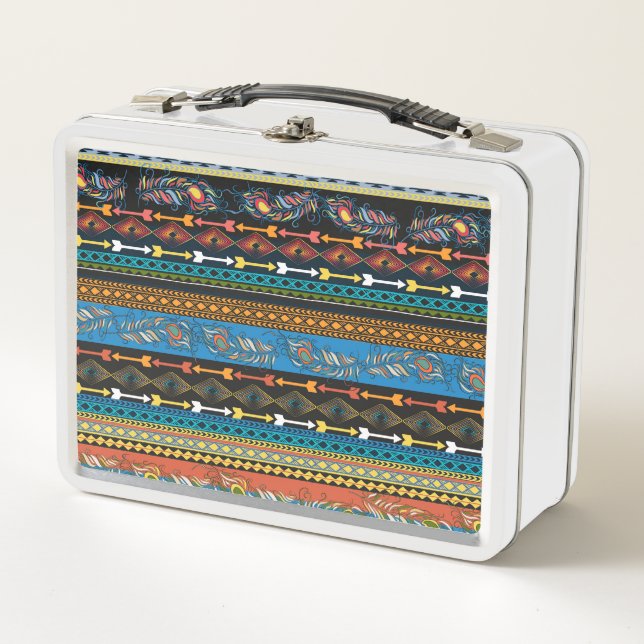 Ethnic Feathers: Embroidery Boho Chic Metal Lunch Box (Front)