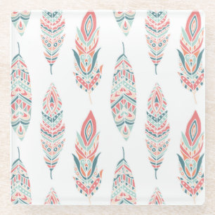 Ethnic Feathers Hand Drawn Illustration Glass Coaster