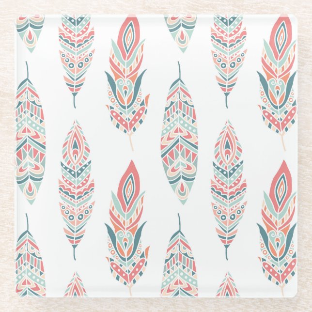 Ethnic Feathers Hand Drawn Illustration Glass Coaster (Front)