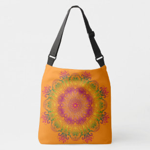 Ethnic floral mandala on orange background. crossbody bag