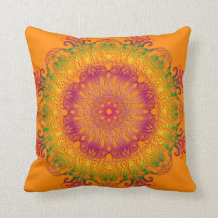 Ethnic floral mandala on orange background. cushion