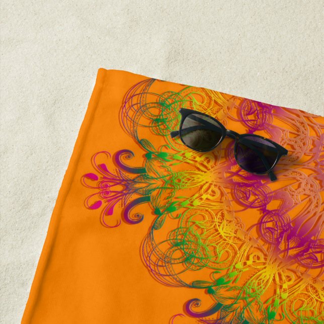 Ethnic Floral Mandala orange background Monogram Beach Towel (In Situ)