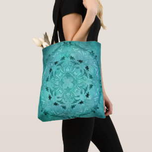 Ethnic floral turquoise grunge mandala tote bag