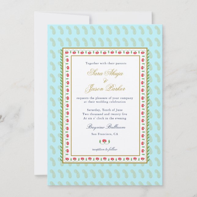 Ethnic Flower border Aqua Indian wedding  Invitation (Front)