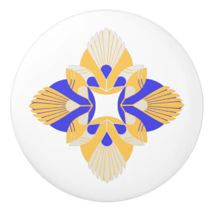 Ethnic flower ornate yellow and blue ceramic knob