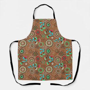 Ethnic folk abstract floral pattern retro brown apron