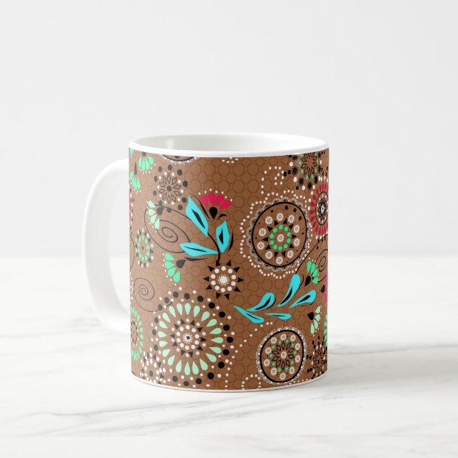 Ethnic folk abstract floral pattern retro brown coffee mug (Front Left)