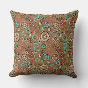 Ethnic folk abstract floral pattern retro brown cushion