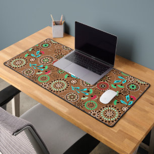 Ethnic folk abstract floral pattern retro brown desk mat