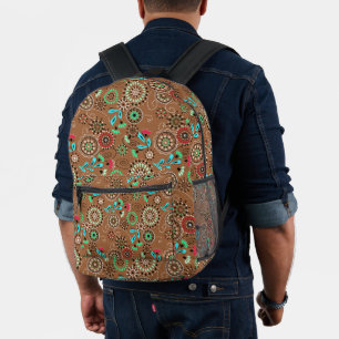 Ethnic folk abstract floral pattern retro brown printed backpack