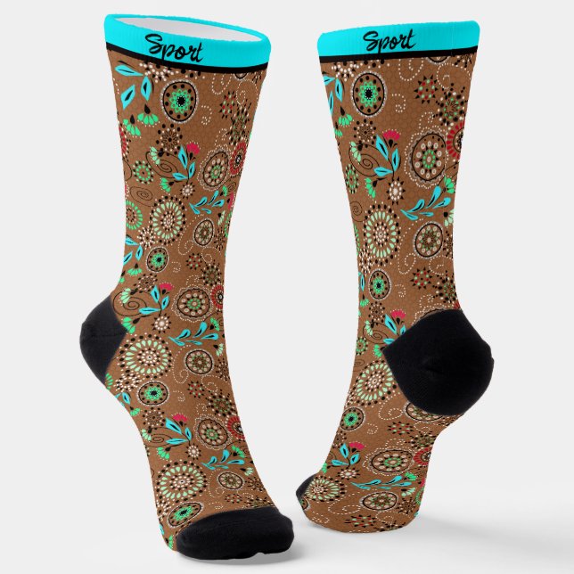 Ethnic folk abstract floral pattern retro brown socks (Angled)