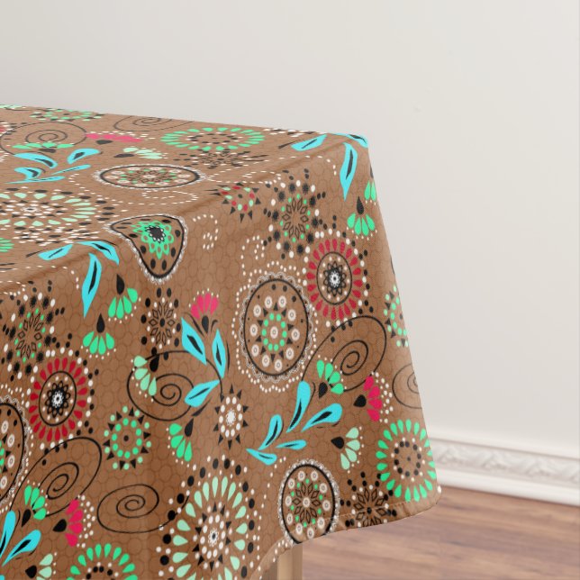 Ethnic folk abstract floral pattern retro brown tablecloth (In Situ)