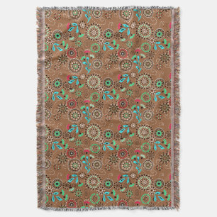 Ethnic folk abstract floral pattern retro brown throw blanket