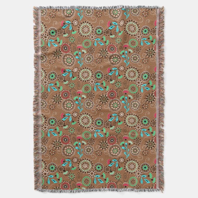 Ethnic folk abstract floral pattern retro brown throw blanket (Front Vertical)