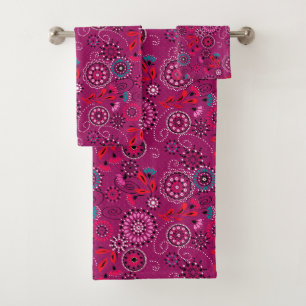 Ethnic folk abstract floral pattern retro crimson  bath towel set