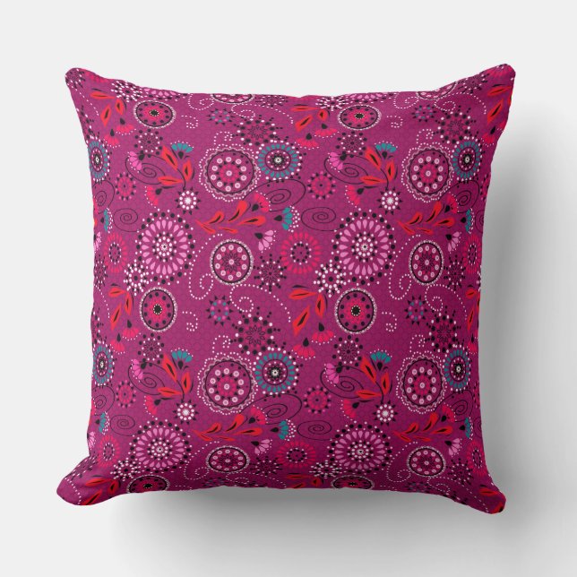 Ethnic folk abstract floral pattern retro crimson  cushion (Front)