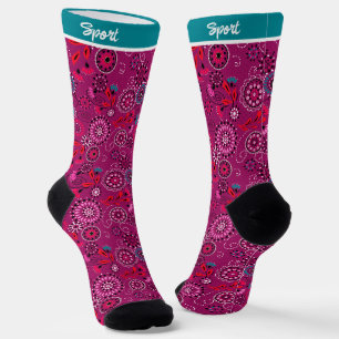 Ethnic folk abstract floral pattern retro crimson socks