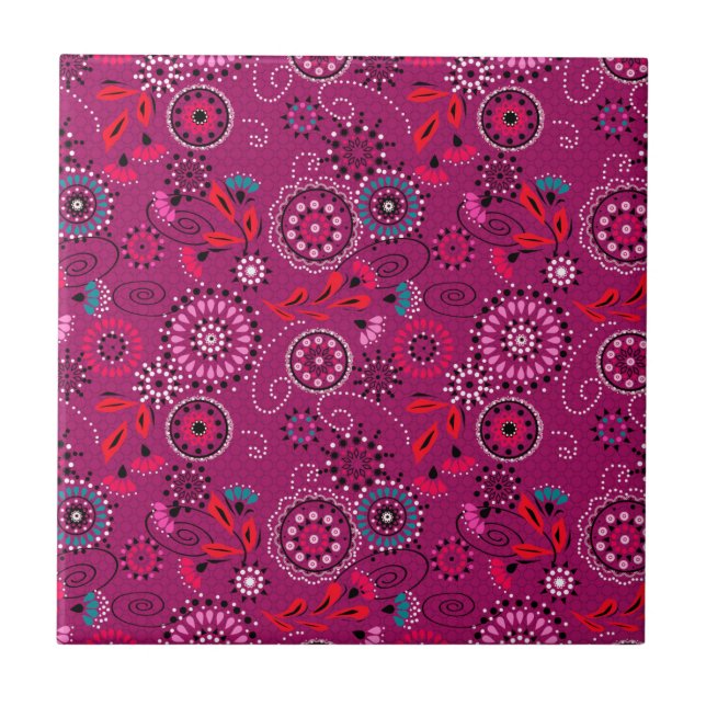 Ethnic folk abstract floral pattern retro crimson  tile (Front)