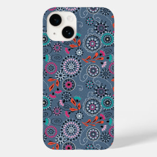 Ethnic folk abstract floral pattern retro grey blu Case-Mate iPhone 14 case